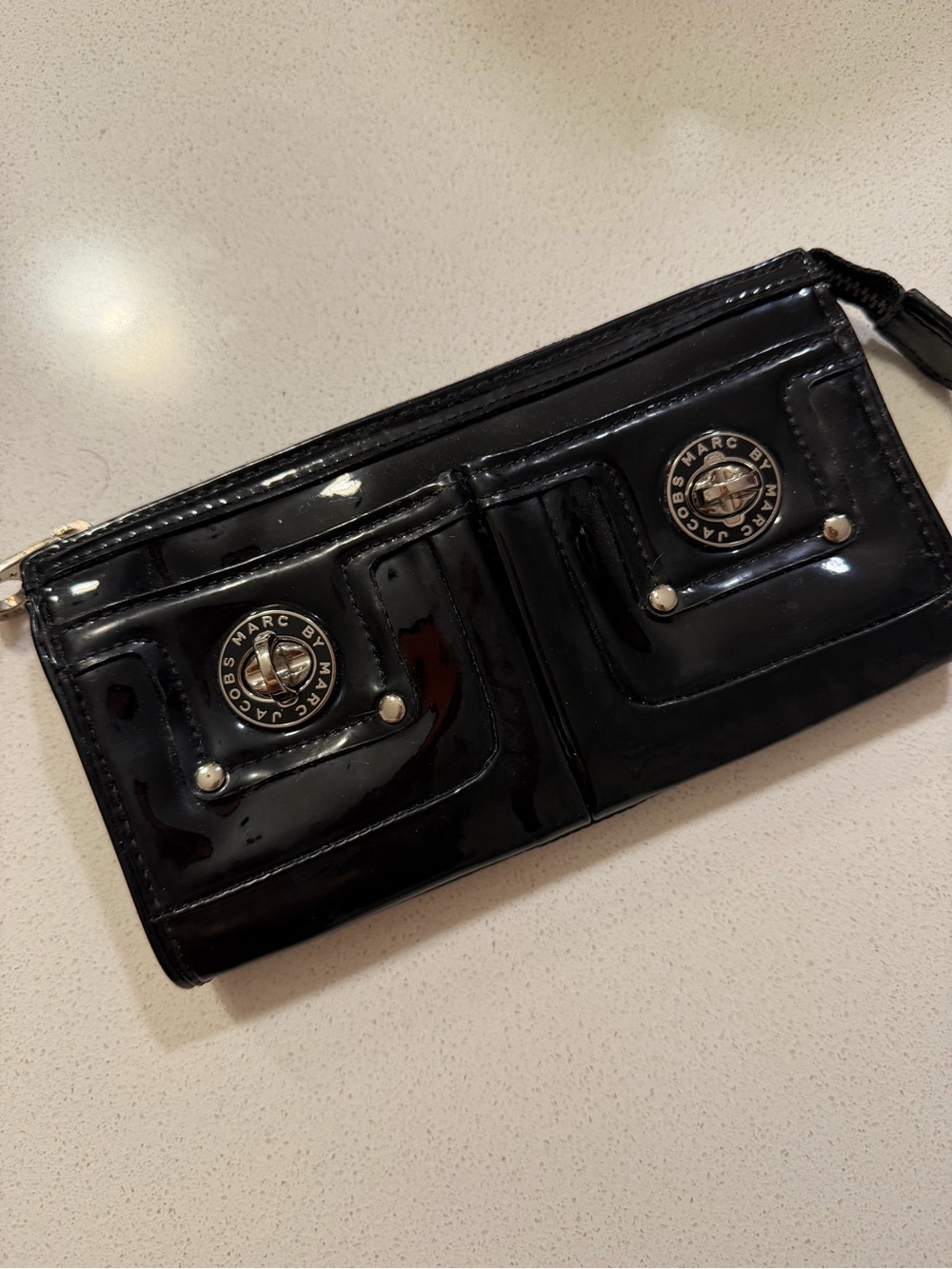 Marc by Marc Jacobs Black Patent Wristlet Clutch with Logo Medallions